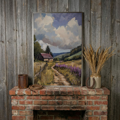Peaceful Countryside Landscape with Purple Wildflowers canvas in silver floating frame