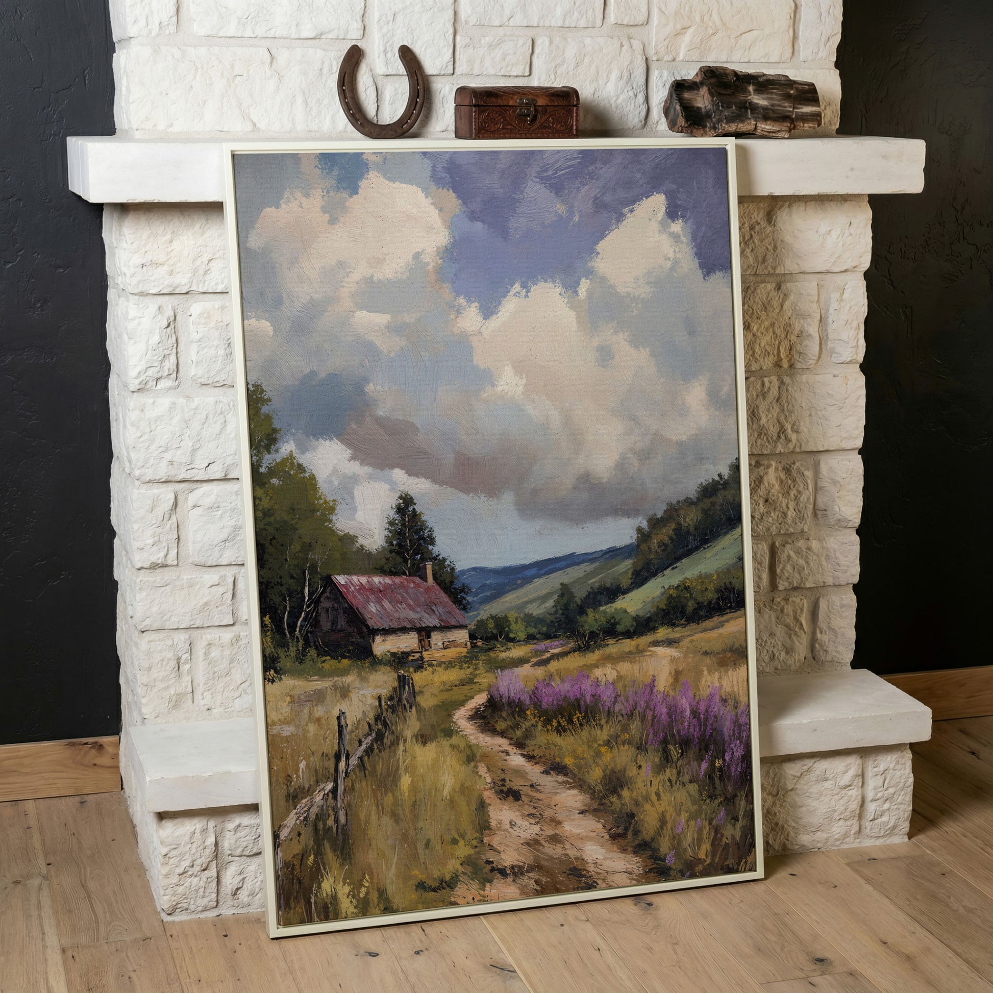 Peaceful Countryside Landscape with Purple Wildflowers canvas in white floating frame