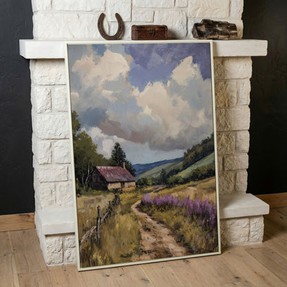 Peaceful Countryside Landscape with Purple Wildflowers canvas in white floating frame