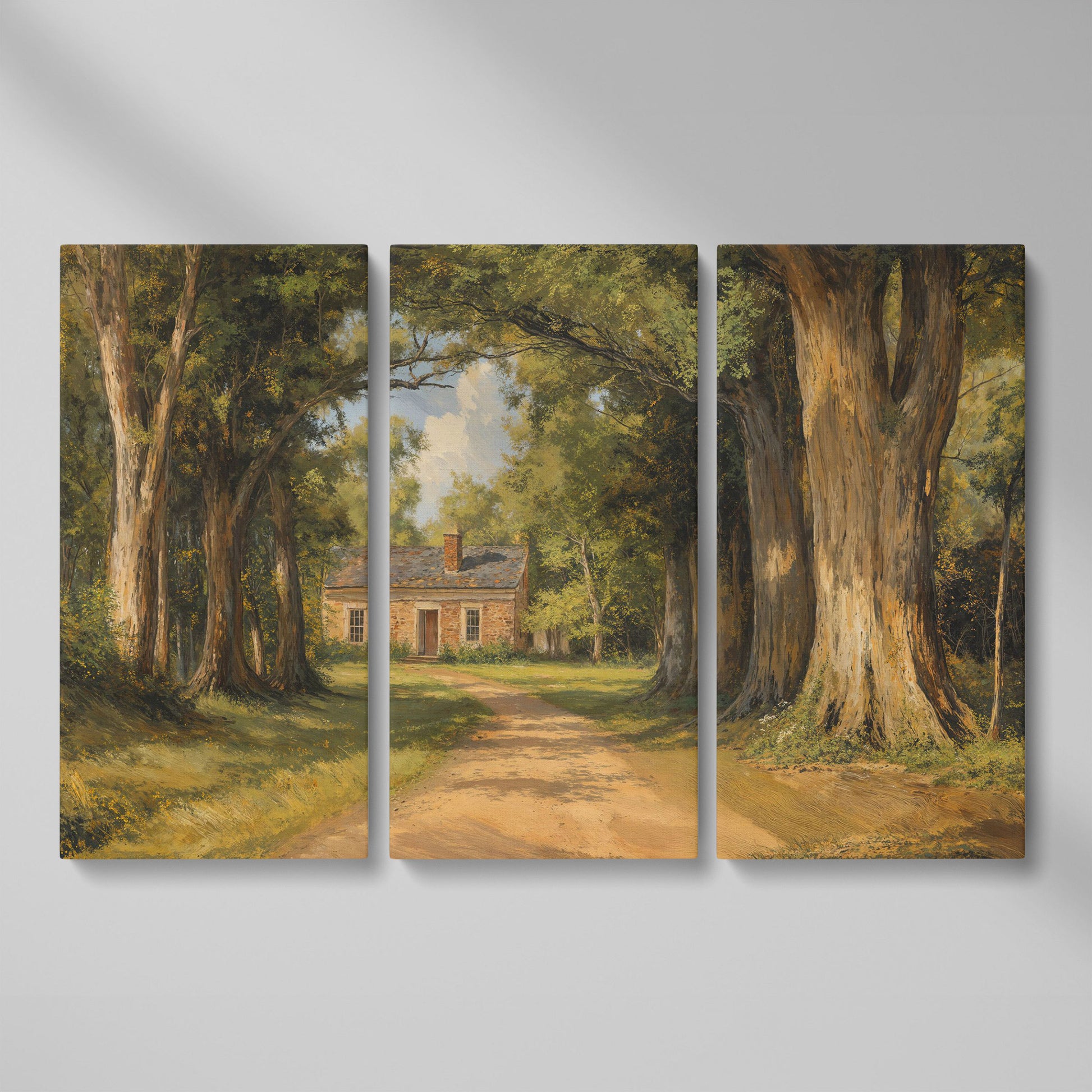 Country Cabin in Forest Canvas Print with Dirt Path as 3-panel split version
