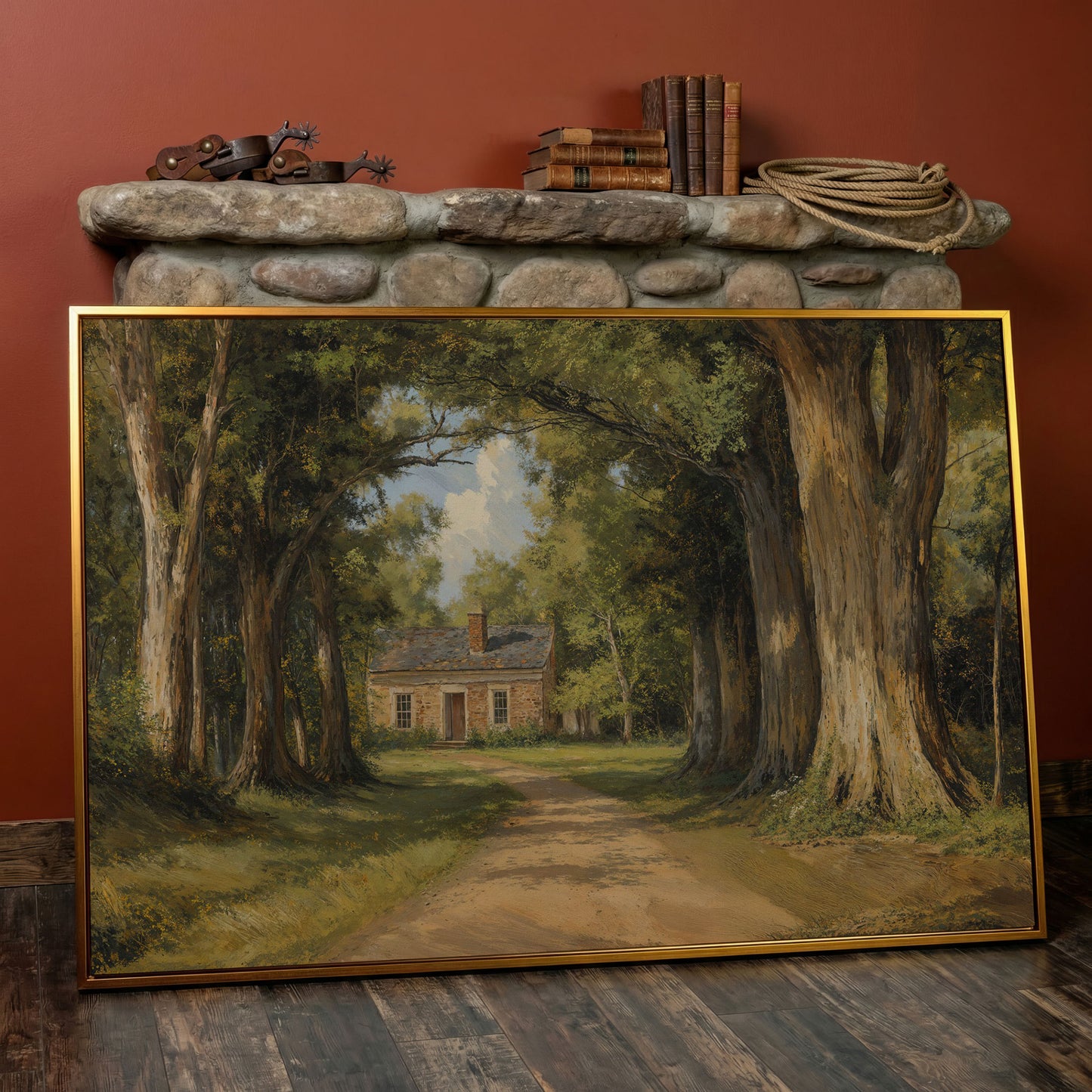 Country Cabin in Forest Canvas Print with Dirt Path in antique gold floating frame