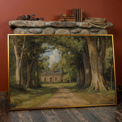 Country Cabin in Forest Canvas Print with Dirt Path in antique gold floating frame