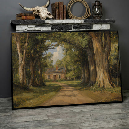 Country Cabin in Forest Canvas Print with Dirt Path in black floating frame