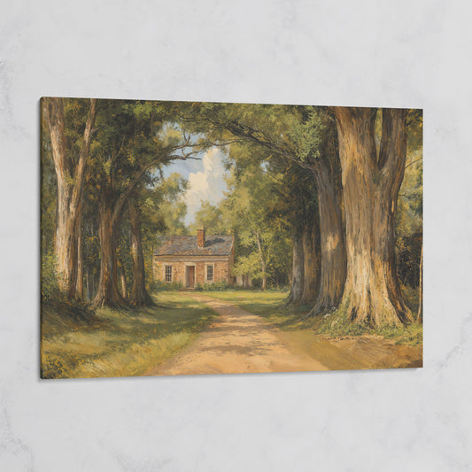 Country Cabin in Forest Canvas Print with Dirt Path on gallery wrap