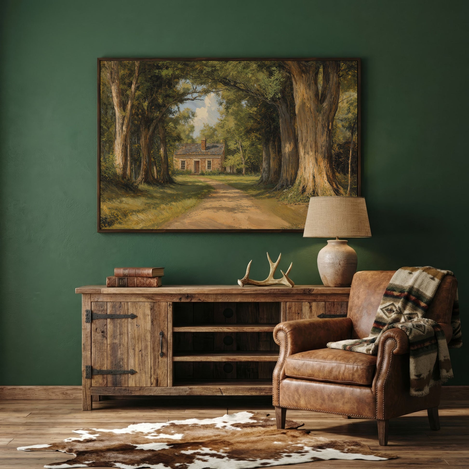 Country Cabin in Forest Canvas Print with Dirt Path in dark walnut floating frame