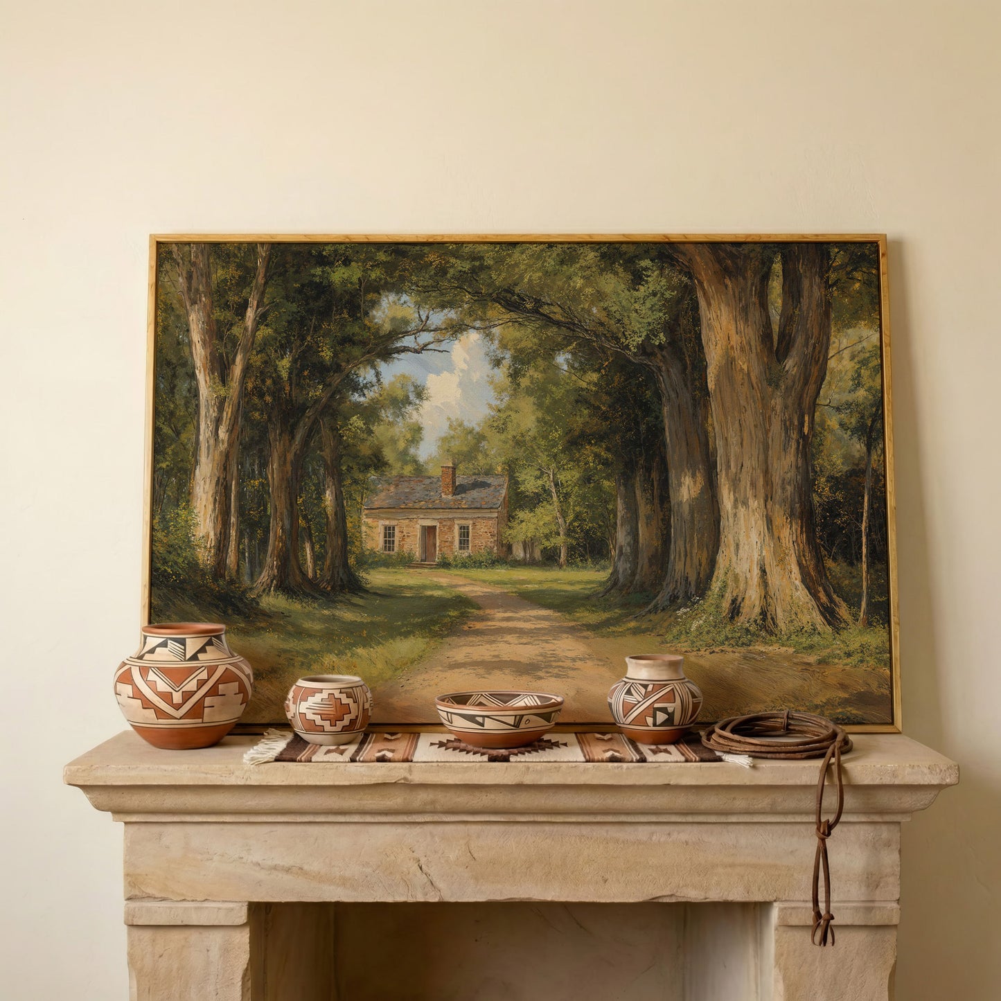 Country Cabin in Forest Canvas Print with Dirt Path in white oak floating frame