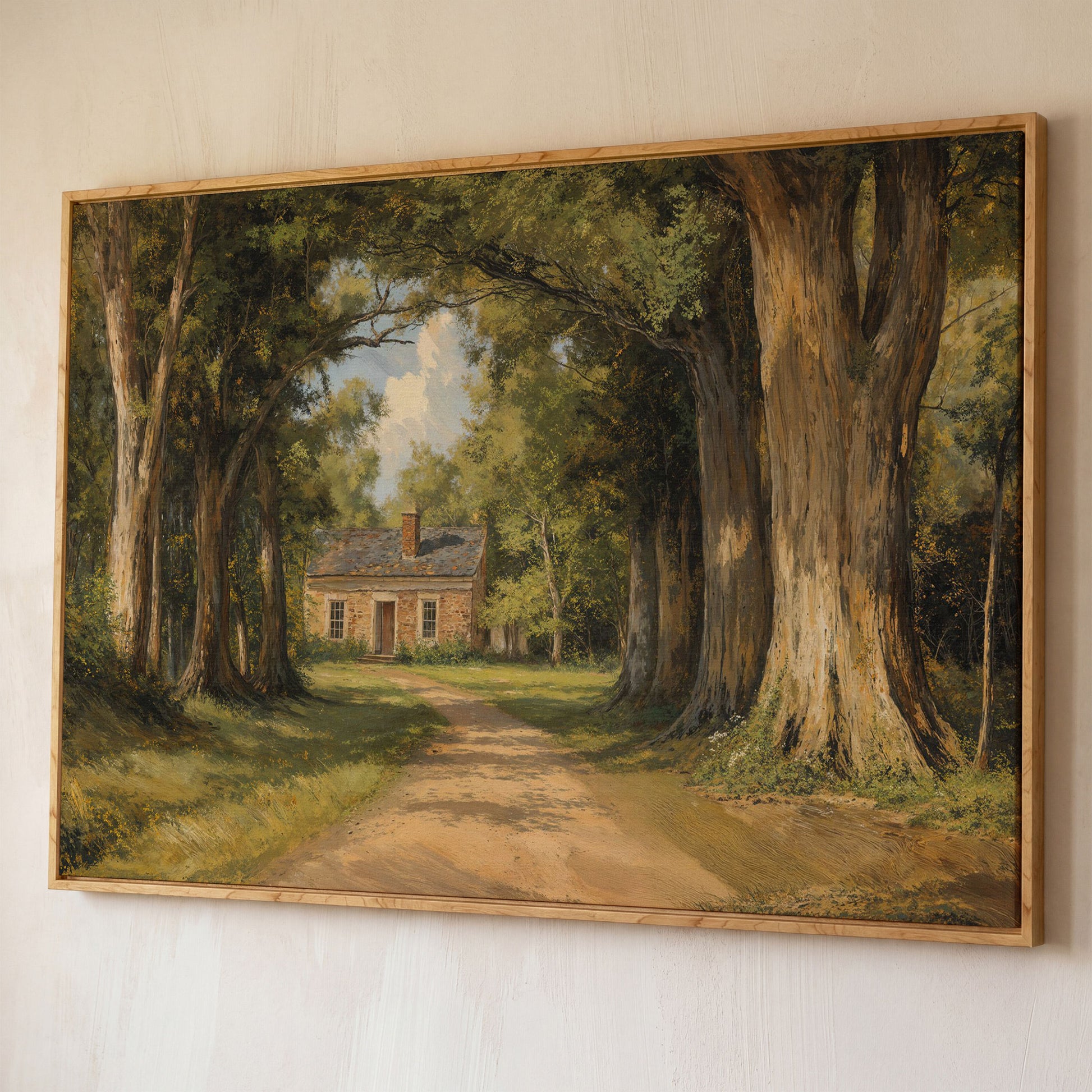 Country Cabin in Forest Canvas Print with Dirt Path shown in white oak floating frame