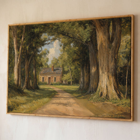 Country Cabin in Forest Canvas Print with Dirt Path shown in white oak floating frame