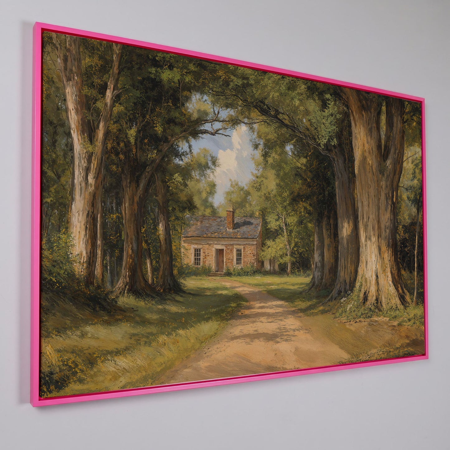 Country Cabin in Forest Canvas Print with Dirt Path in pink floating frame