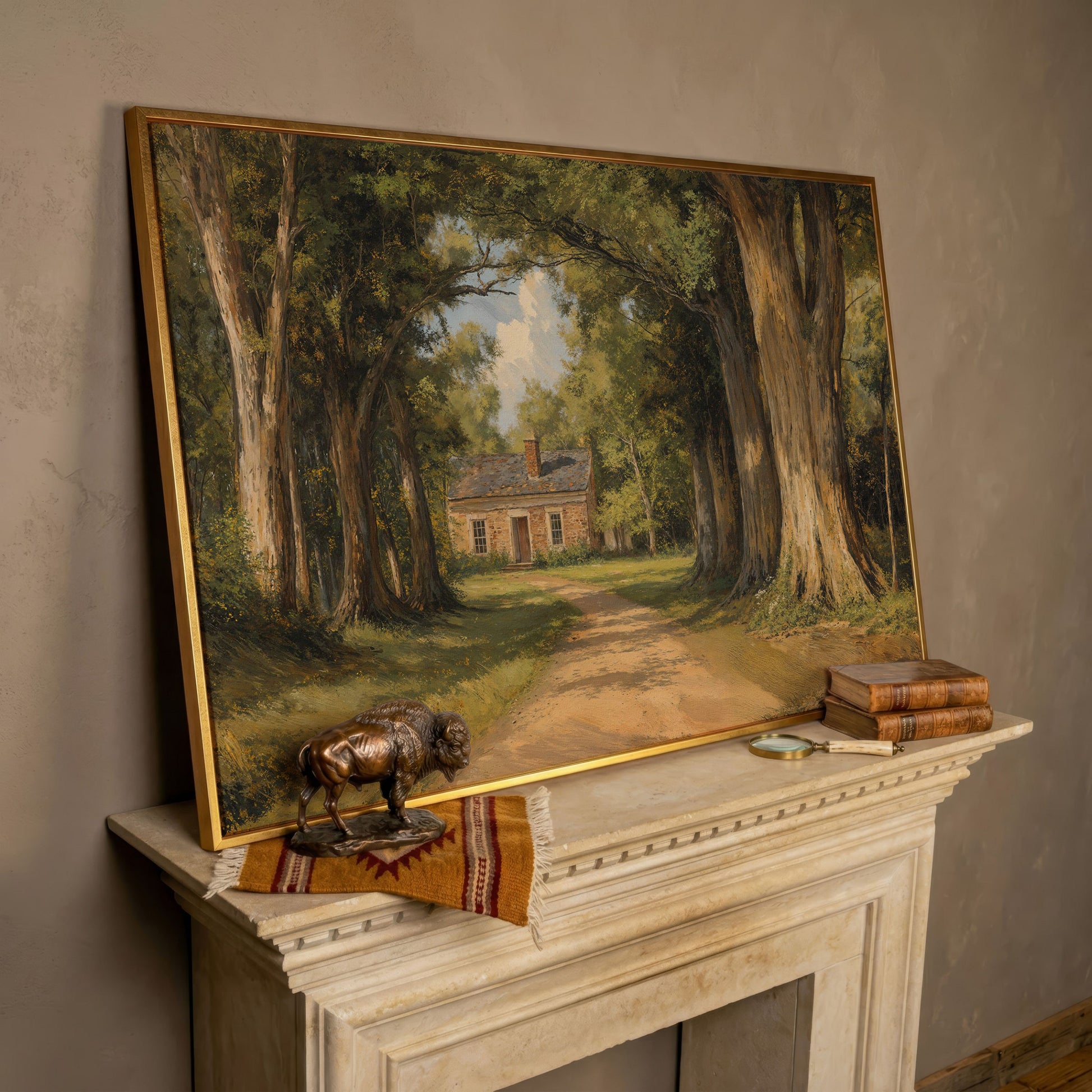 Country Cabin in Forest Canvas Print with Dirt Path in rose gold floating frame