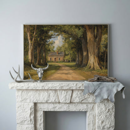 Country Cabin in Forest Canvas Print with Dirt Path in silver floating frame