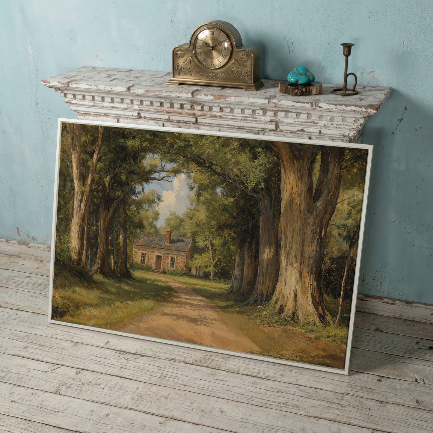 Country Cabin in Forest Canvas Print with Dirt Path in white floating frame