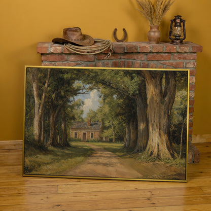Country Cabin in Forest Canvas Print with Dirt Path in yellow gold floating frame