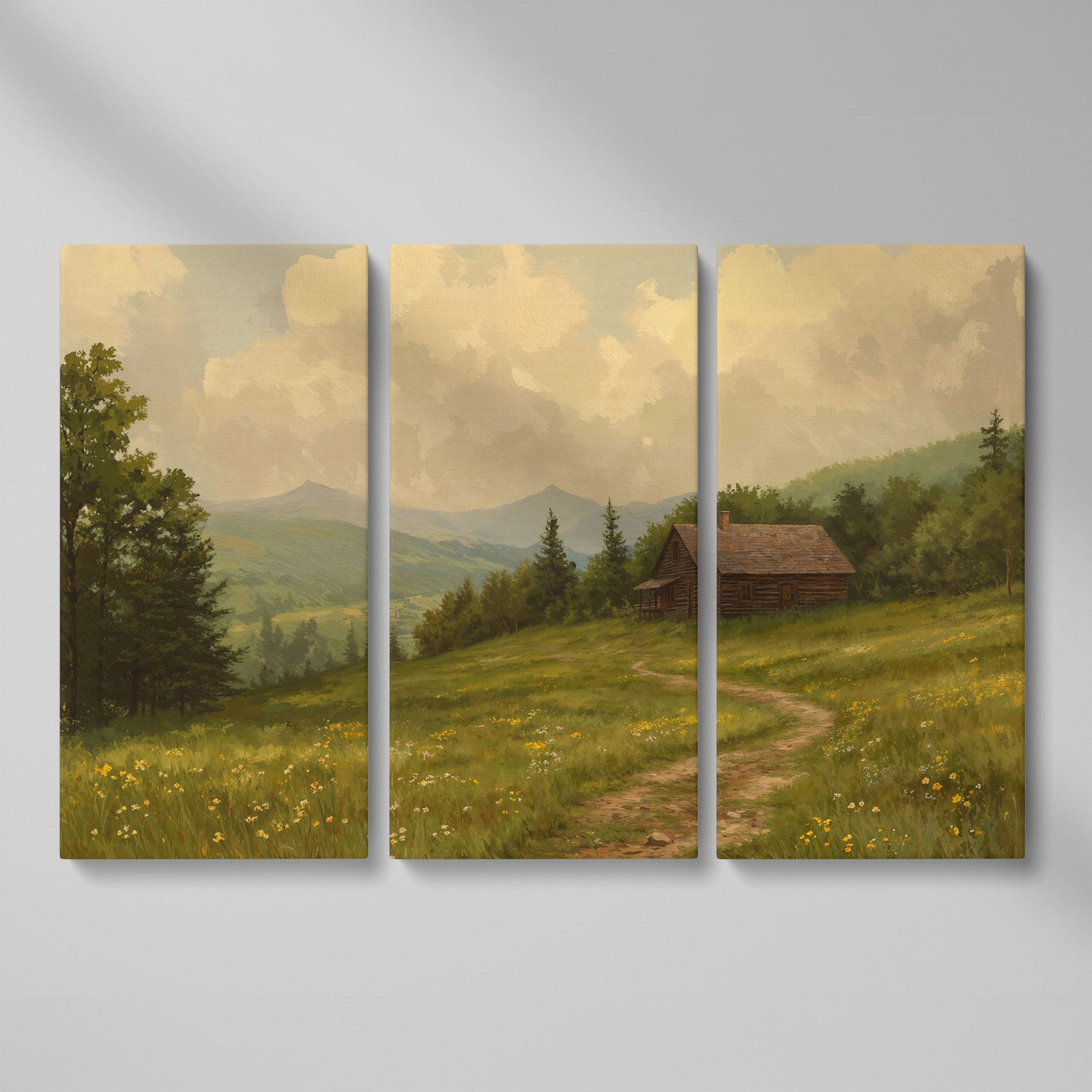Rustic Cabin Serenity Countryside Canvas as 3-panel split version