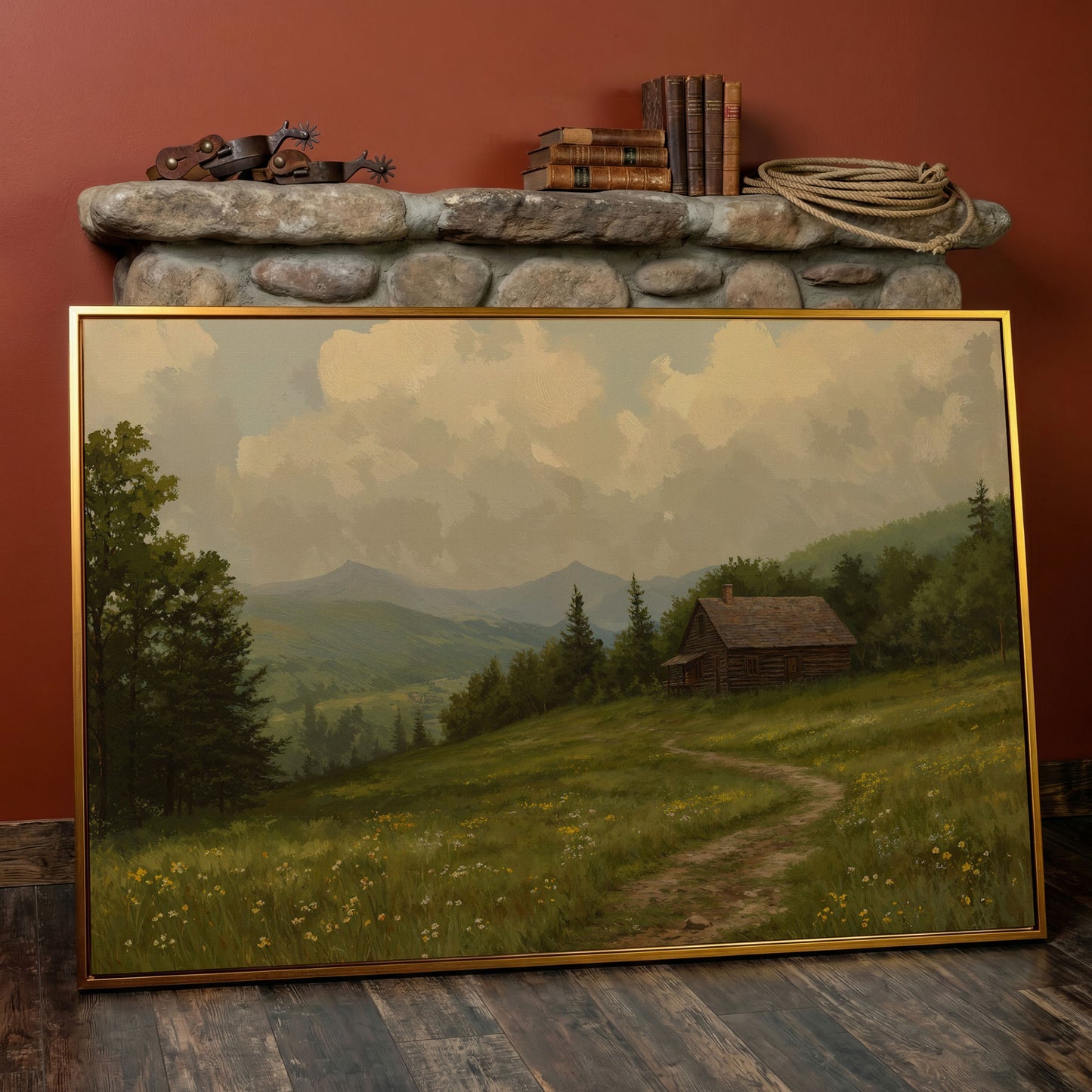 Rustic Cabin Serenity Countryside Canvas in antique gold floating frame