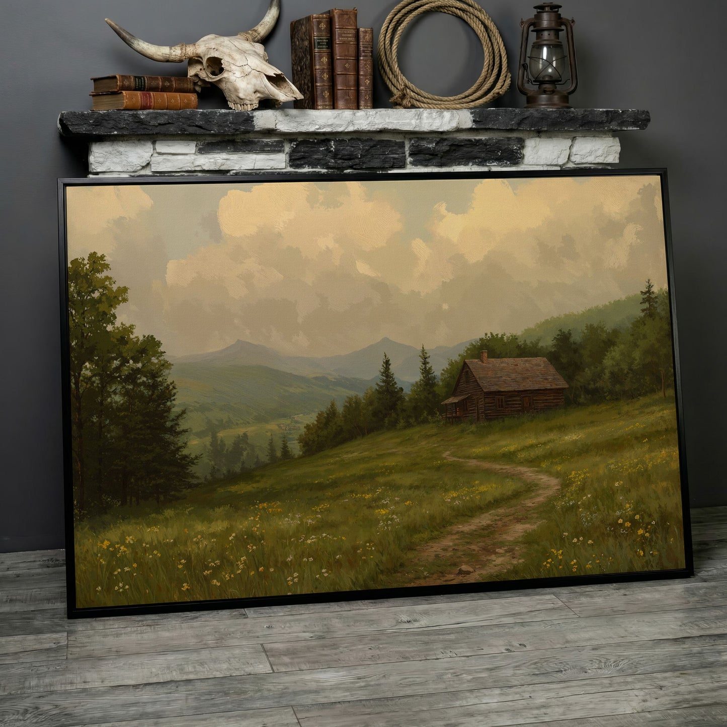 Rustic Cabin Serenity Countryside Canvas in black floating frame