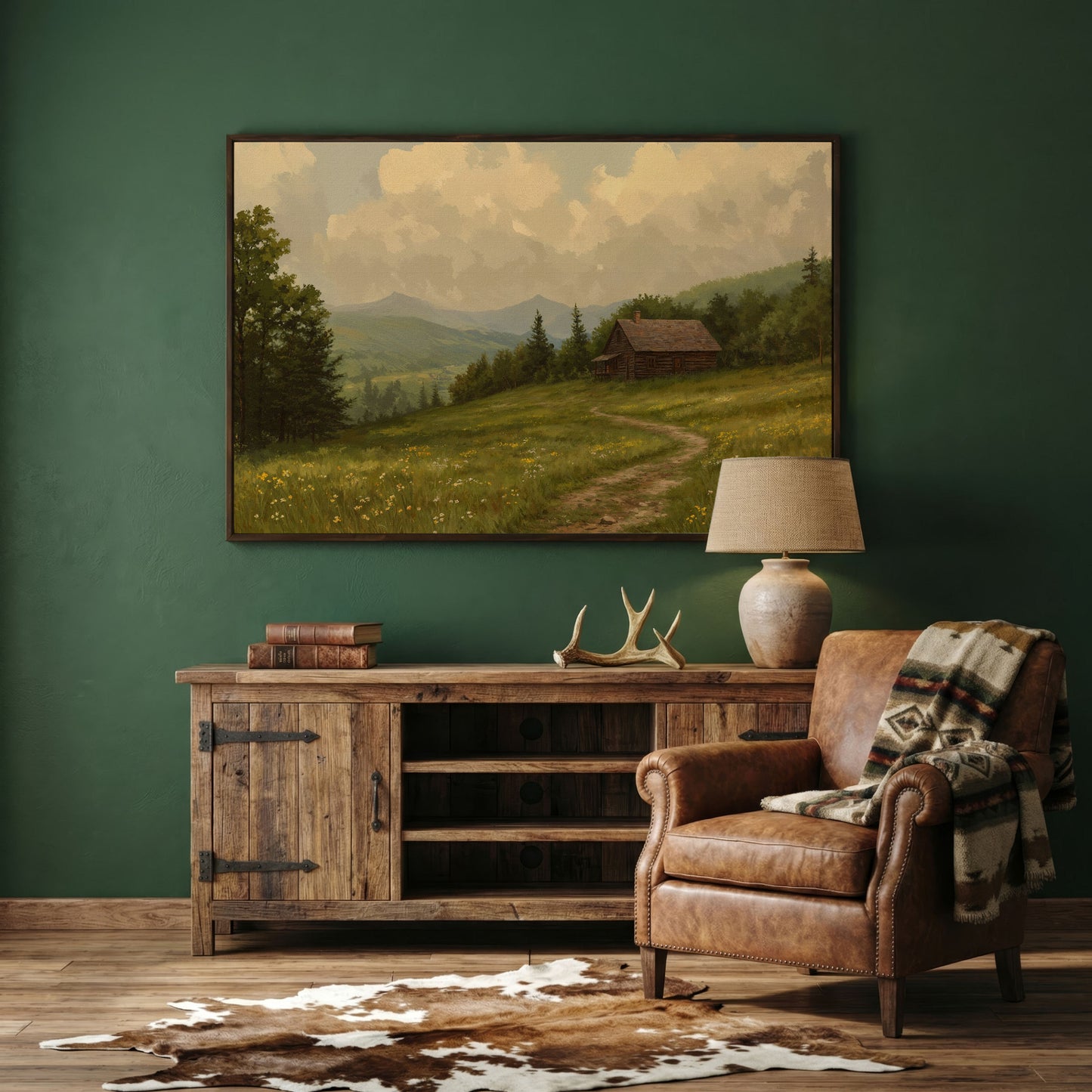 Rustic Cabin Serenity Countryside Canvas in dark walnut floating frame