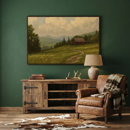 Rustic Cabin Serenity Countryside Canvas in dark walnut floating frame