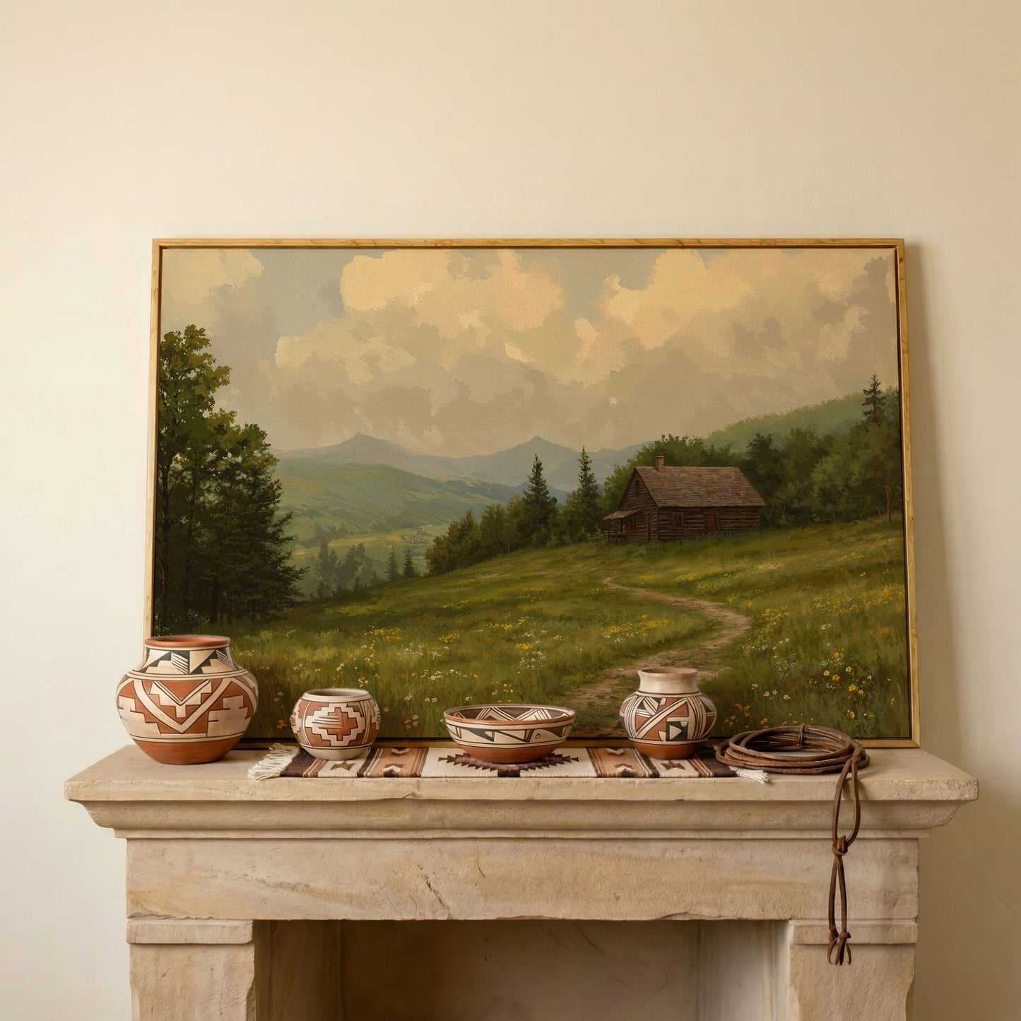 Rustic Cabin Serenity Countryside Canvas in white oak floating frame