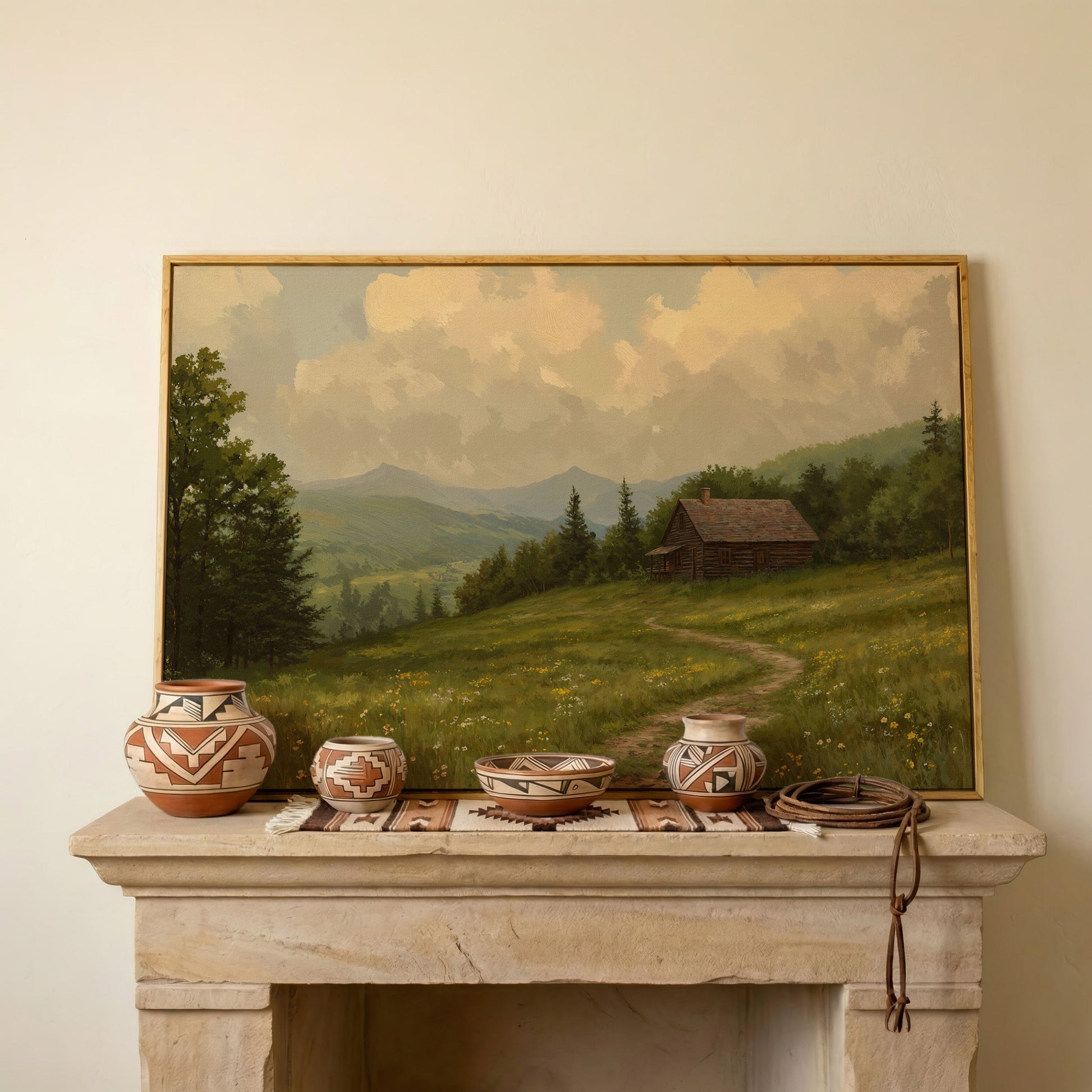 Rustic Cabin Serenity Countryside Canvas in white oak floating frame