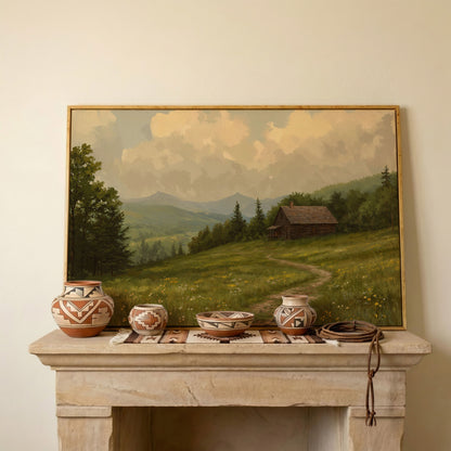 Rustic Cabin Serenity Countryside Canvas in white oak floating frame