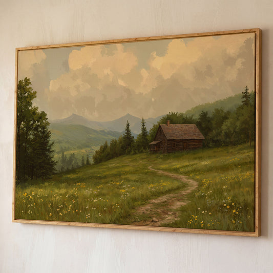 Rustic Cabin Serenity Countryside Canvas shown in white oak floating frame