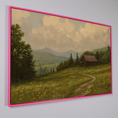 Rustic Cabin Serenity Countryside Canvas in pink floating frame