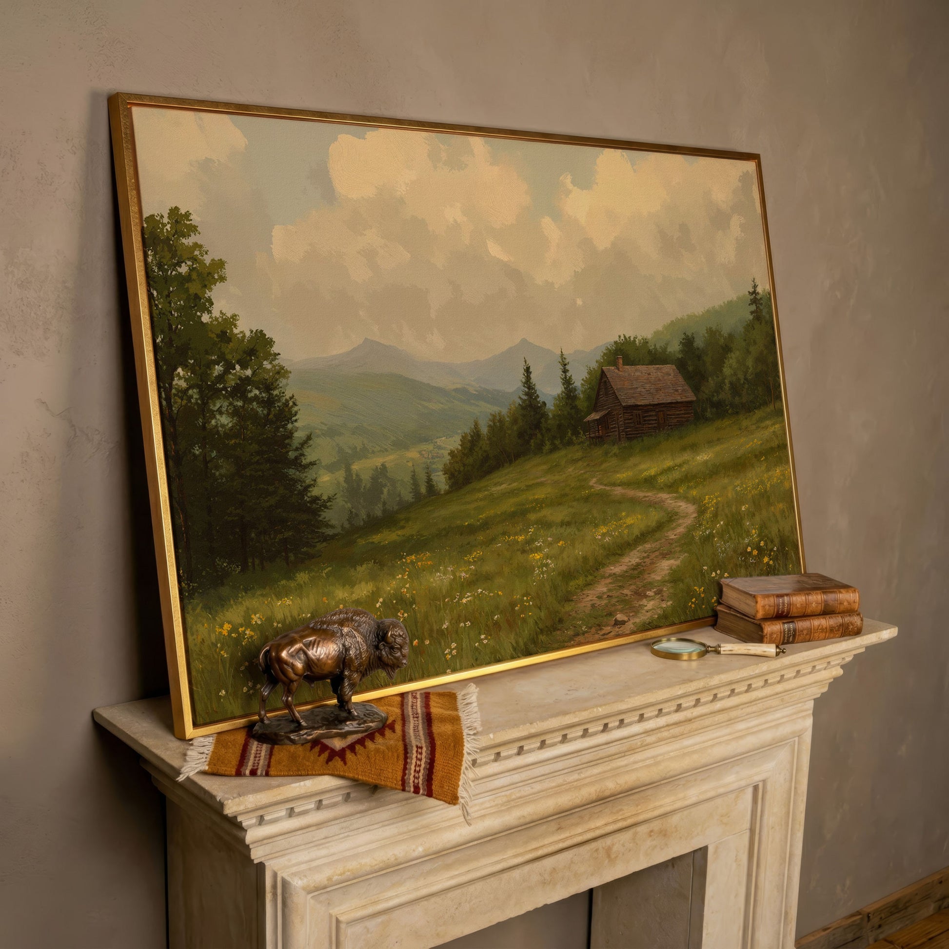 Rustic Cabin Serenity Countryside Canvas in rose gold floating frame