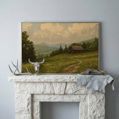 Rustic Cabin Serenity Countryside Canvas in silver floating frame