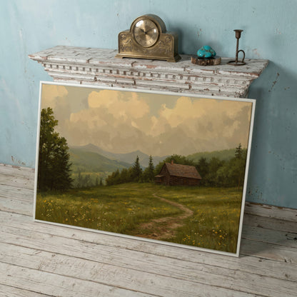 Rustic Cabin Serenity Countryside Canvas in white floating frame