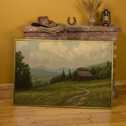 Rustic Cabin Serenity Countryside Canvas in yellow gold floating frame
