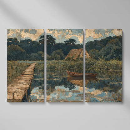 Forest Lake with Boat and Cottage Canvas as 3-panel split version