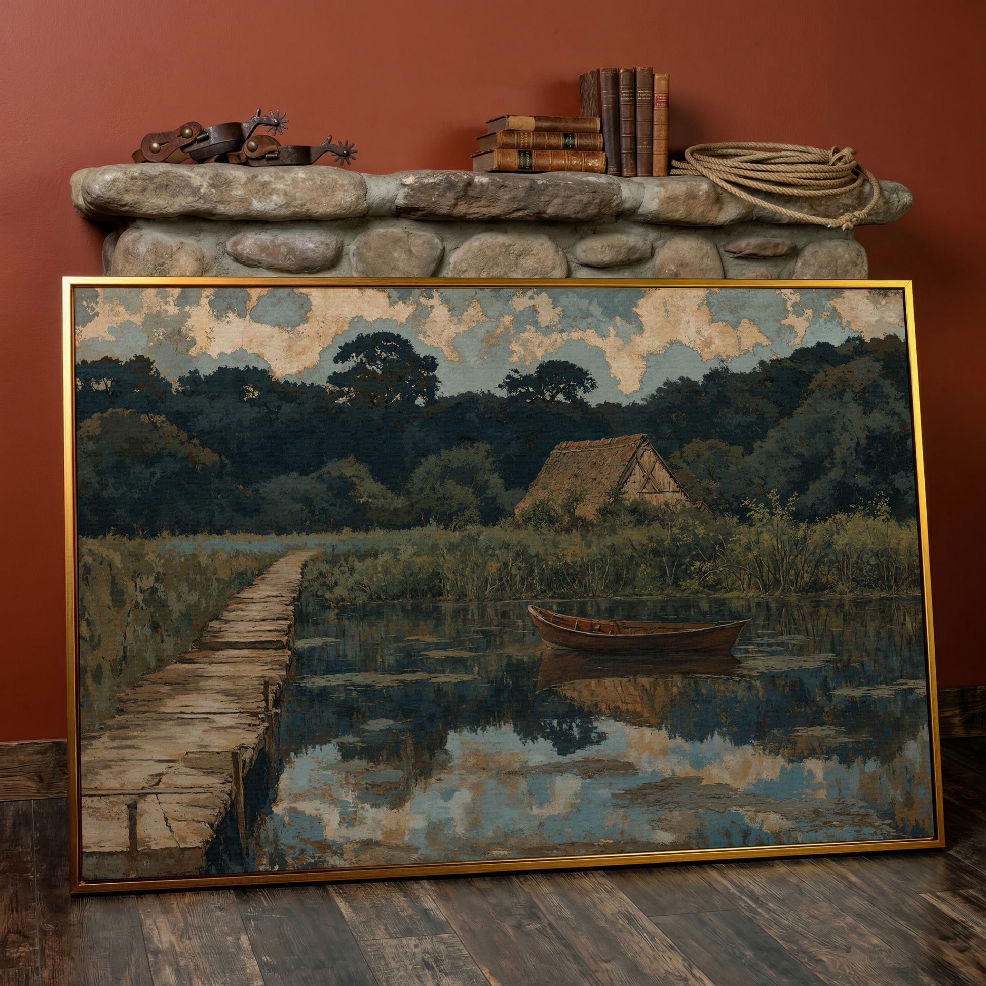 Forest Lake with Boat and Cottage Canvas in antique gold floating frame