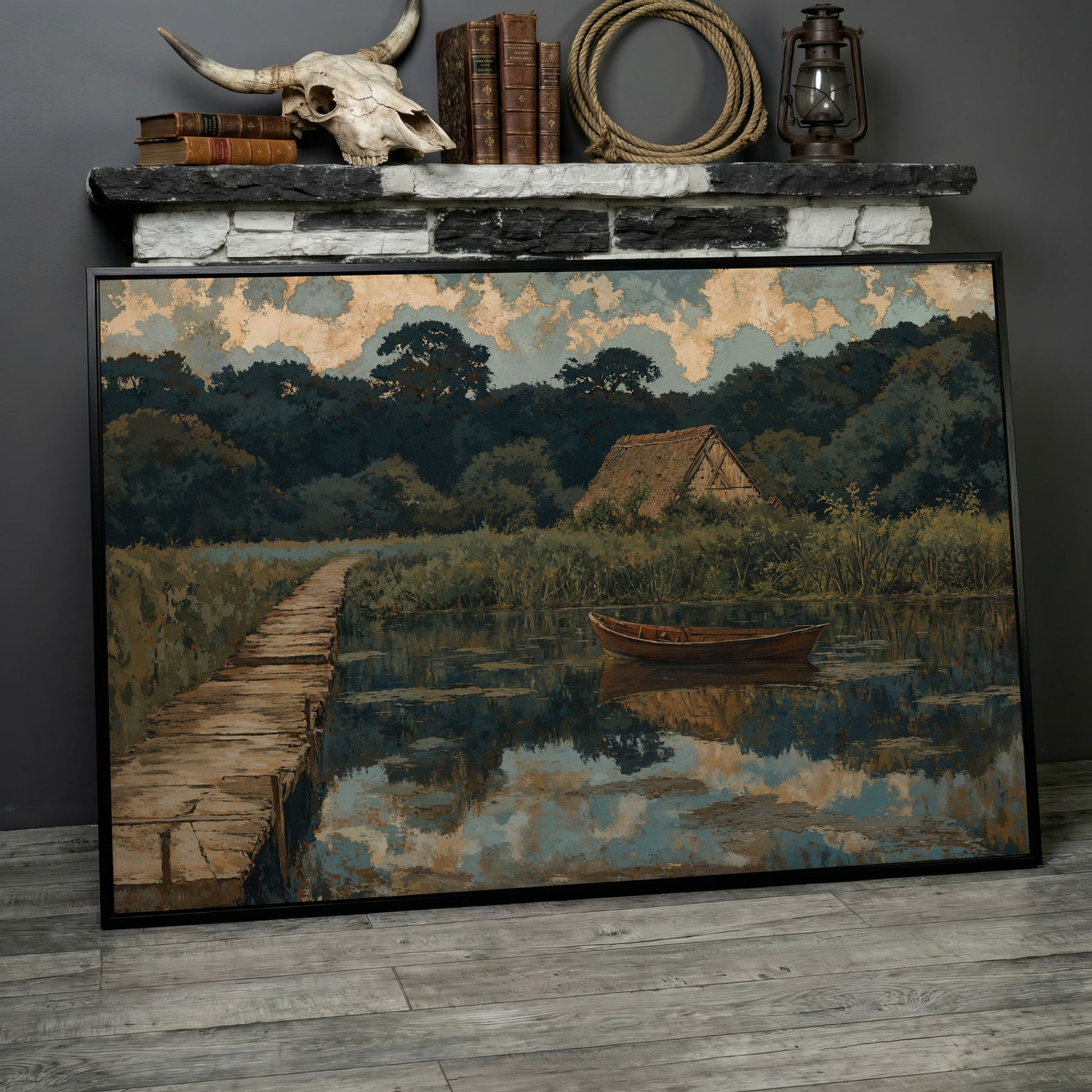 Forest Lake with Boat and Cottage Canvas in black floating frame