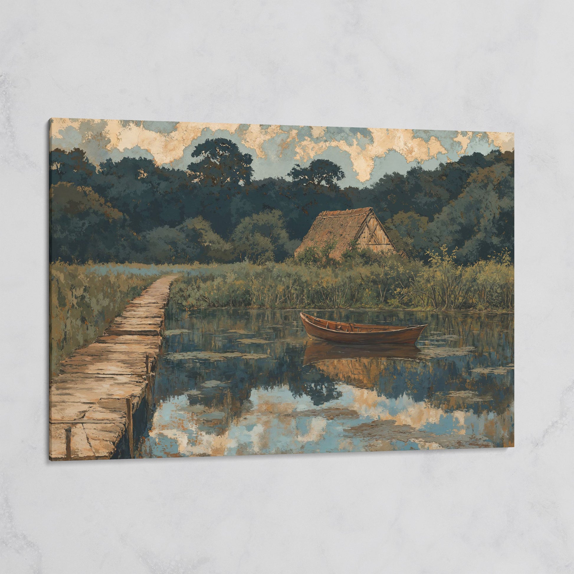 Forest Lake with Boat and Cottage Canvas on gallery wrap