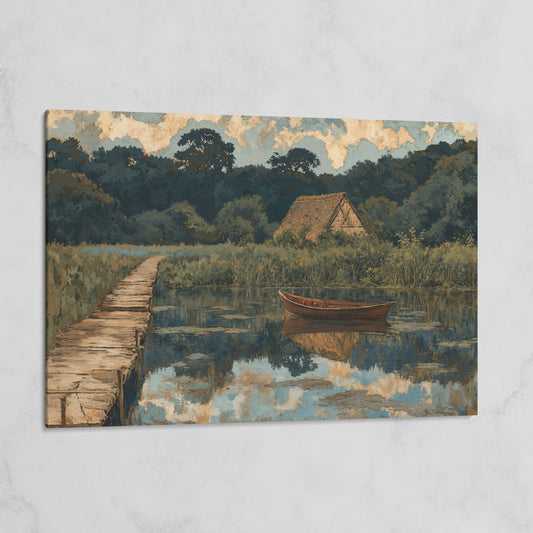 Forest Lake with Boat and Cottage Canvas on gallery wrap
