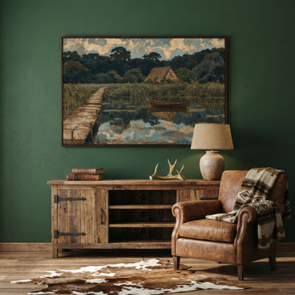 Forest Lake with Boat and Cottage Canvas in dark walnut floating frame
