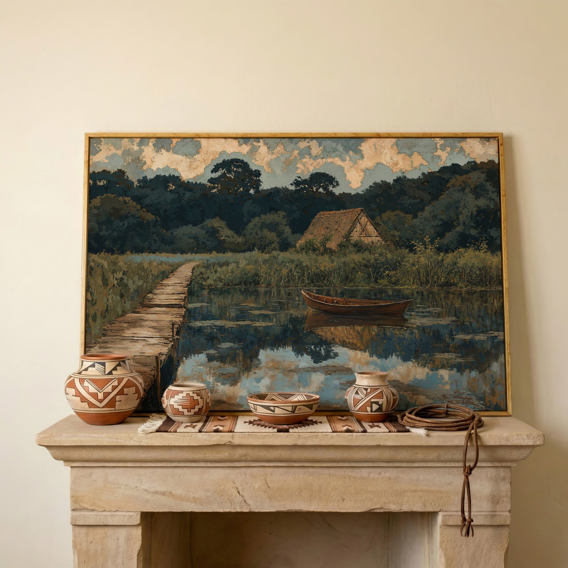 Forest Lake with Boat and Cottage Canvas in white oak floating frame