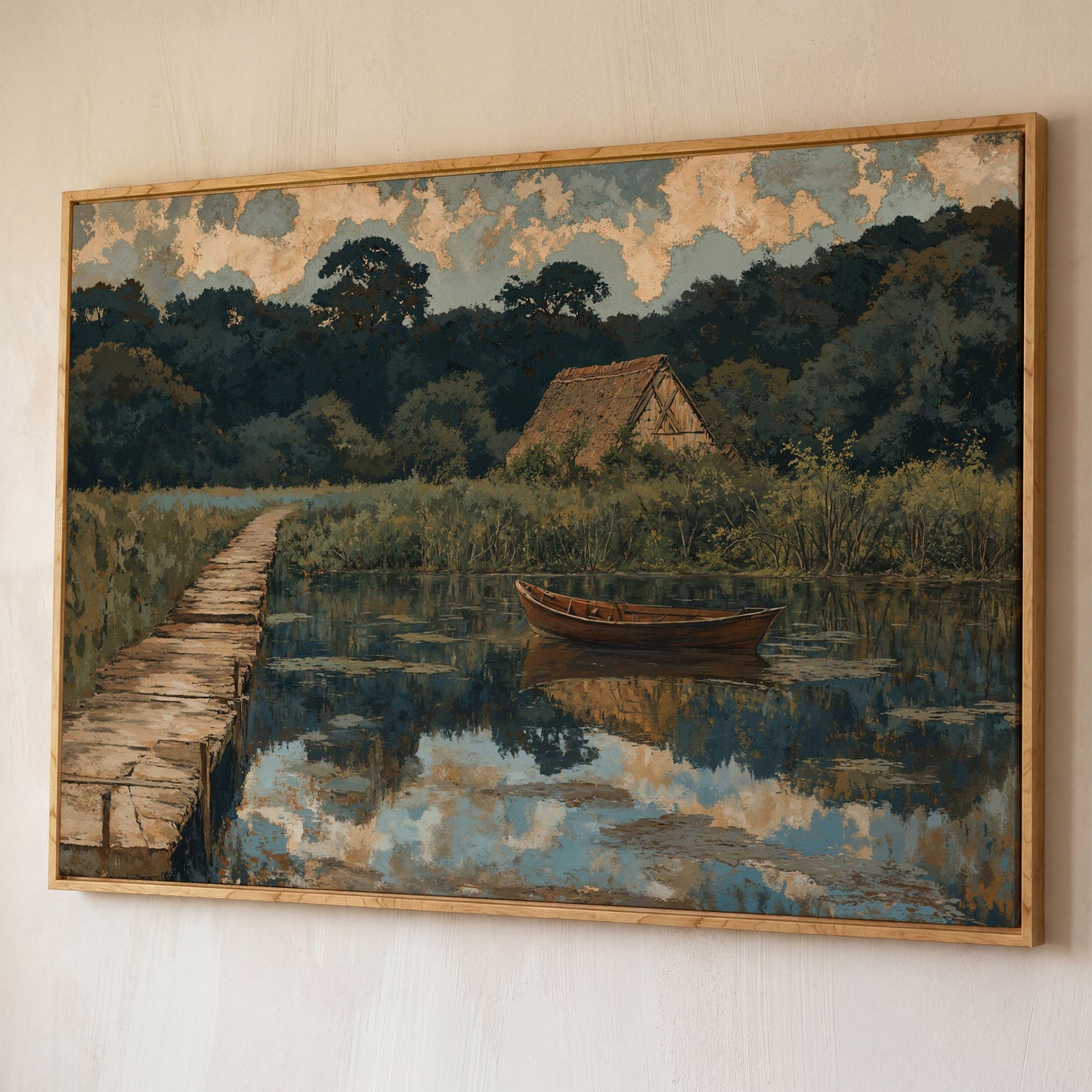 Forest Lake with Boat and Cottage Canvas shown in white oak floating frame