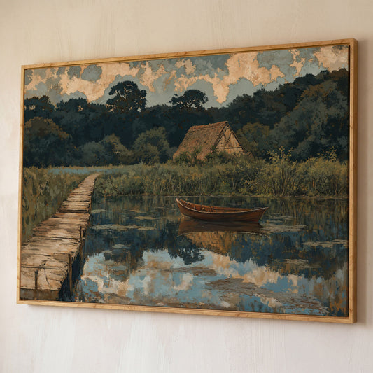 Forest Lake with Boat and Cottage Canvas shown in white oak floating frame
