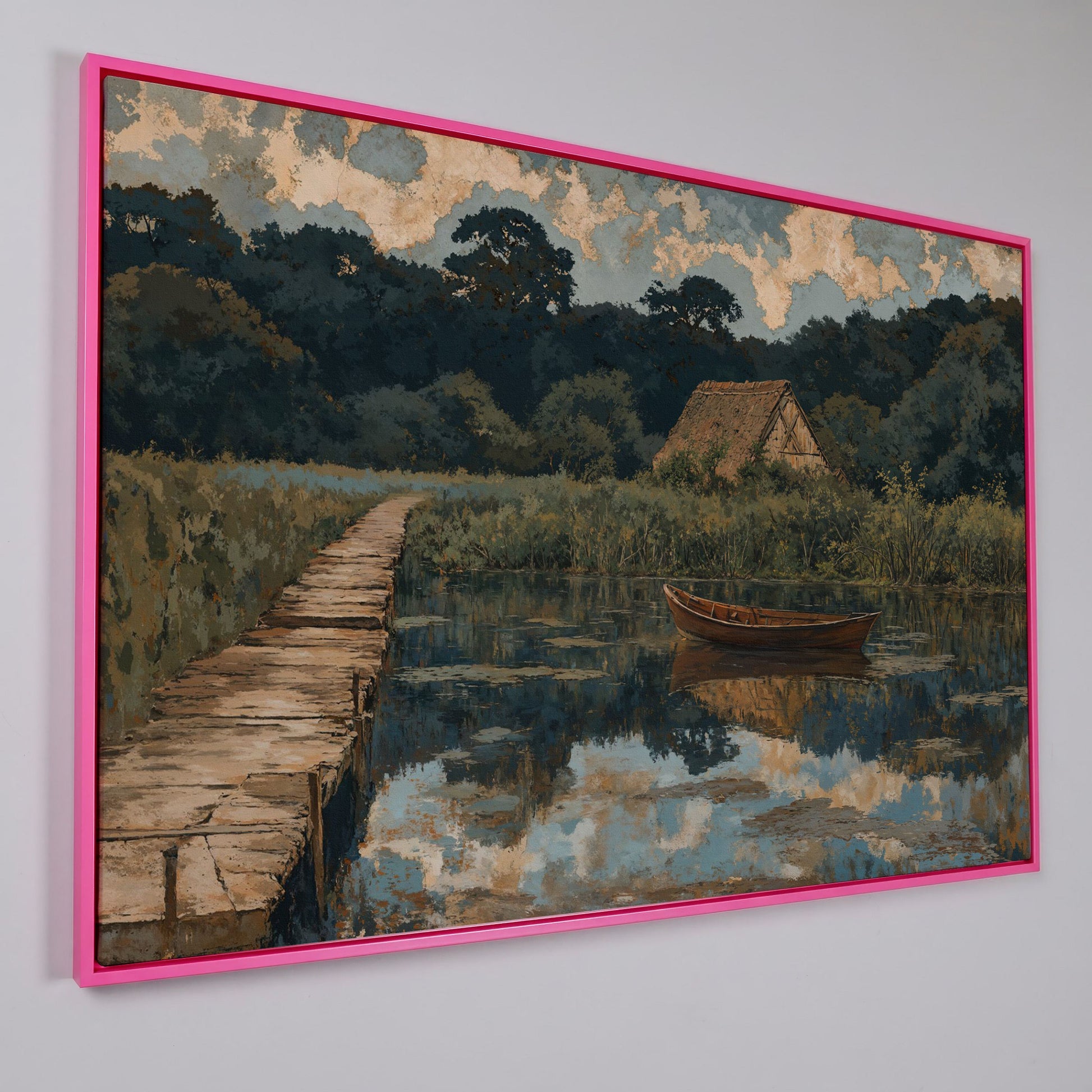 Forest Lake with Boat and Cottage Canvas in pink floating frame