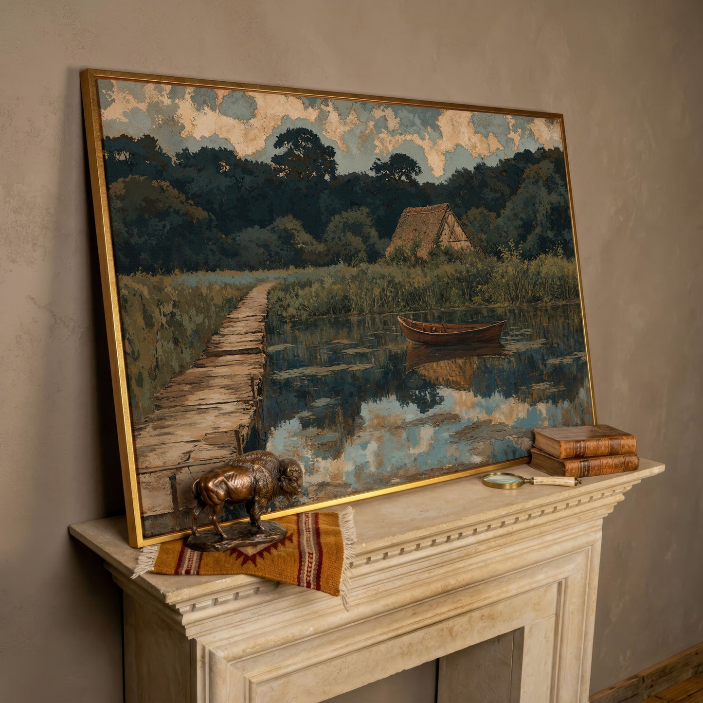 Forest Lake with Boat and Cottage Canvas in rose gold floating frame
