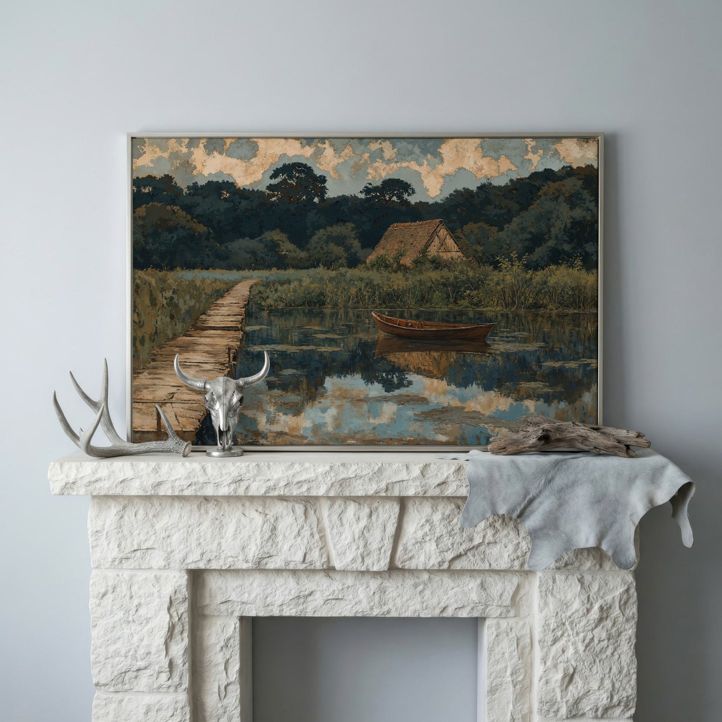 Forest Lake with Boat and Cottage Canvas in silver floating frame