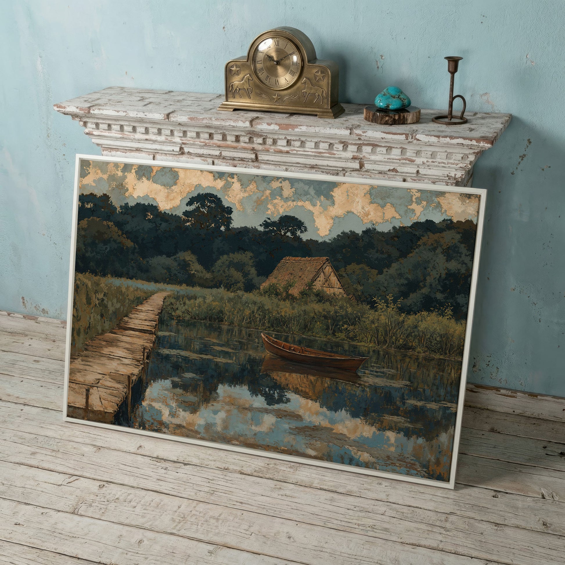 Forest Lake with Boat and Cottage Canvas in white floating frame