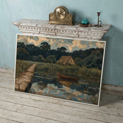 Forest Lake with Boat and Cottage Canvas in white floating frame