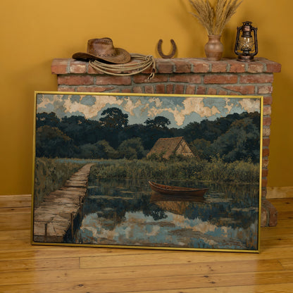 Forest Lake with Boat and Cottage Canvas in yellow gold floating frame
