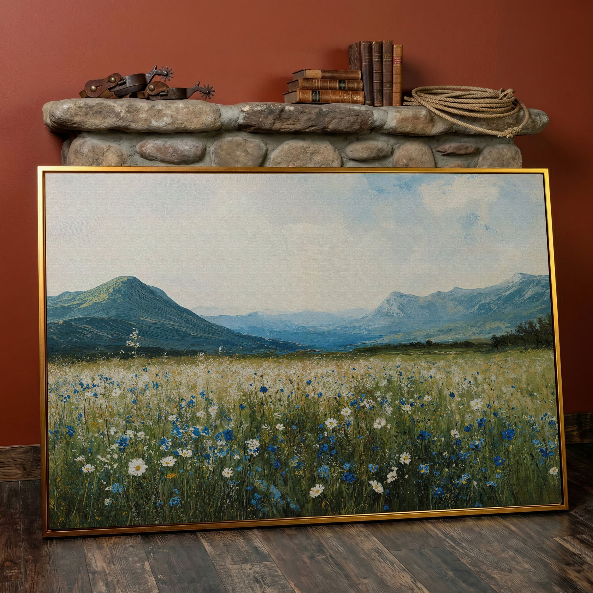 Mountain Wildflower Landscape Canvas in antique gold floating frame