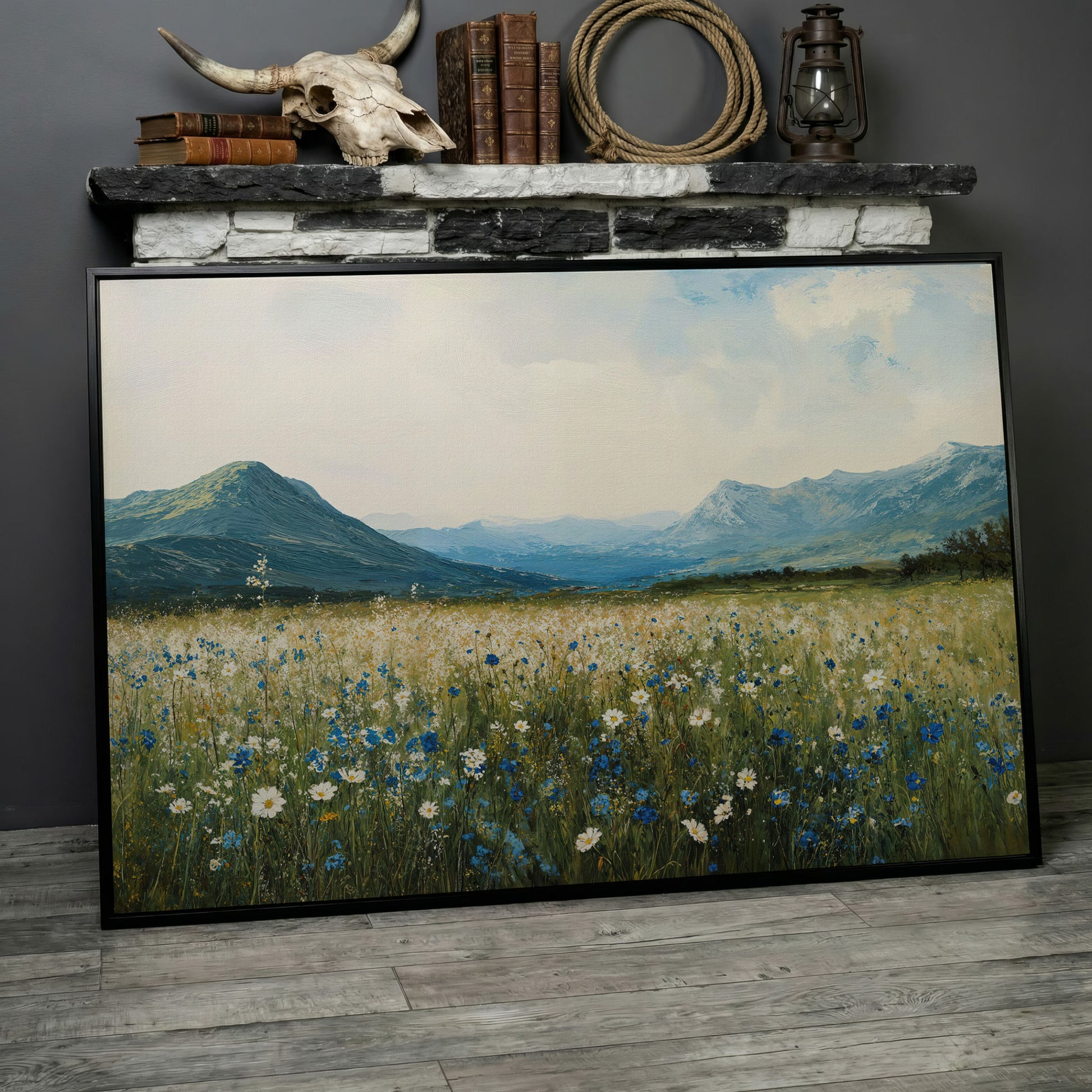 Mountain Wildflower Landscape Canvas in black floating frame