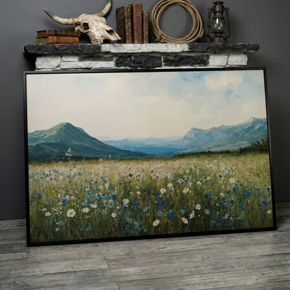 Mountain Wildflower Landscape Canvas in black floating frame