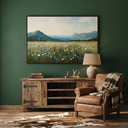 Mountain Wildflower Landscape Canvas in dark walnut floating frame